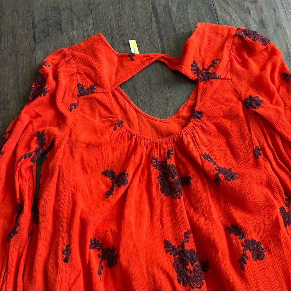 Free People Red Embroidered Tunic Boho Oversized Small - Picture 7 of 7